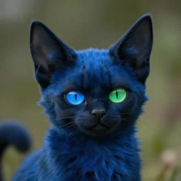 a blue - and - black male catbat fursona with blue / green heterochromatic eyes and huge bat ears, photo portrait