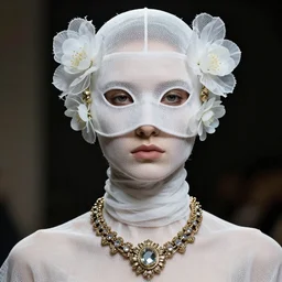a futuristic portrait by mask made of wires and white gauzes and plastic flowers, necklace made by gauzes twisted around neck, design by leonardo davinci, inspired by egon schiele, balenciaga, modern art, baroque art jewelry, new classic, fashion design, photorealistic, hyper realistic, cinematic composition, cinematic lighting, fashion design, concept art, 8 k