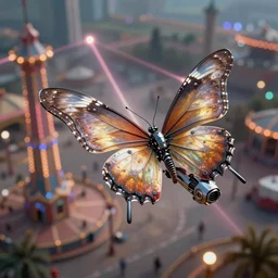 promotional still, high angle, a ( robotic butterfly ) ( metal aerodynamic wings ) ( spaceship ), slightly glowy, flying over desolate amusement park, firing lasers, ultrarealistic, bokeh, detailed, hq 8 k 4 k, superior detail, dramatic lighting, intense, in styles of hardy, octane render.