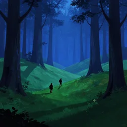 silhouettes of explorers in a hilly green blue fantasy redwood forest at dusk. perspective landscape fantasy. high contrast, strong shadows. deep colorful soft gradients, rich blue tones. by norman rockwell, johfra bosschart, and eyvind earle. artstation