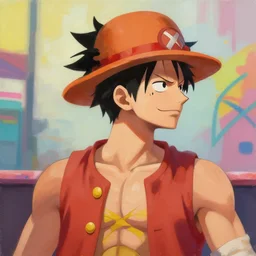 Portrait painting Luffy as an Overwatch character, medium shot, asymmetrical, profile picture, Organic Painting, sunny day, Matte Painting, bold shapes, hard edges, street art, trending on artstation, by Huang Guangjian and Gil Elvgren and Sachin Teng