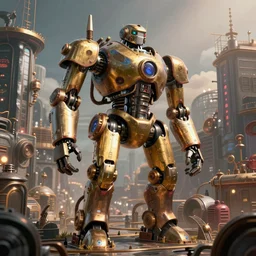 Gigantinc steampunk robot standing in a steampunk city, digital art, artstation, detailed, realistic