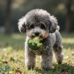 an old grey hairless cute toy poodle eats broccoli