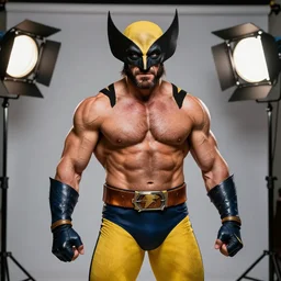 photoshoot of a ripped, hyper muscular andy kaufman as x - men's wolverine, studio lighting 5 0 mm
