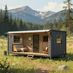 cabela's beautiful comfortable modular insulated container home wall kit - house all weather family dwelling tent house, person in foreground, mountainous forested wilderness open fields, beautiful views, painterly concept art, environmental concept art, concept art illustration, by james gurney, by craig mullins, by greg rutkowski trending on artstation