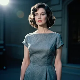 A realistic and detailed portrait photography of a woman wearing a 1960s tailer made dress by Annie Leibovitz. Neo noir style. Cinematic. Natural light and cool midcentury colors fill the scene. Cinestill 800T film. Lens flare. Helios 44m. Ultra detail. Photoreal. Depth of field.