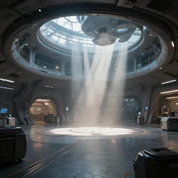 wide shot, interior of an alien spaceship, futuristic, hyperrealism, crepuscular rays, ray tracing, by alphosne mucha adolf hiremy hirschl
