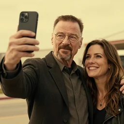 A still of Jerma taking a selfie with Walter White in Albuquerque, New Mexico with a yellow filter, real life, hyperrealistic, ultra realistic, realistic, highly detailed, epic, HD quality, 8k resolution, body and headshot, Trending on Artstation, very realistic