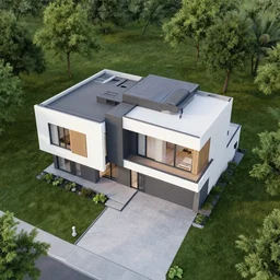 outside view of a modern house, octane render, drone footage