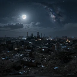 a big industrial city metropoli in the distance, cloudy dark sky, it's late at night the moon and the milky way shine, dead bodies are scattered over the city, 3 6 0 render panorama, equirectangular projection, seamless