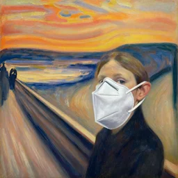 a oil painting by munch during covid, ffp 2 mask!!, covid, ffp 2 mask, award winning