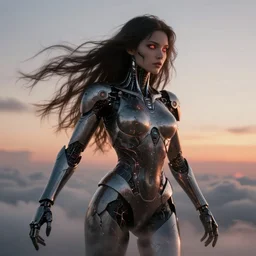a biblical diabolical beautiful female cyborg girl, long hair on the wind, adaptive armor, dynamic pose, heavy eyes to the side, by navanh chanthara, glowing veins and cracks, in clouds, sunset, portrait, by gerald brom, by mikhail vrubel, by peter elson, muted colors, extreme detail, reflections, trending on artstation, 8 k