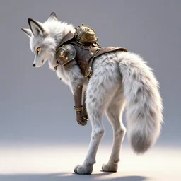 anthropomorphic lynx fursona bowing, standing with her back, wearing steampunk suit with lynx head, tail, paws, no boots, by tanidareal, irakli nadar, view from behind, intricate linework, unreal engine, photorealistic 3 d render, furry art, furaffinity, bright sun backlight, white fur, thin legs