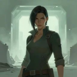 battle hardened, overpowering, pragmatic, charismatic female character from the animatrix 2, face centered portrait, confident, ruined cityscape, sterile minimalistic room, architecture, fog, volumetric lighting, illustration, perfectly shaded, greenish tinge, cold lights soft painting, art by krenz cushart and wenjun lin
