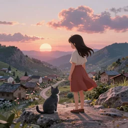 the girl and the cat. beautiful sunrise. small village in the mountains. rocky roads, beautifull puffy clouds.  anime, studio ghibli. intricate, elegant, super highly detailed, professional digital painting, artstation, concept art, smooth, Unreal Engine 5, 8k resolution, cinema 4d, 3D, beautiful, cinematic