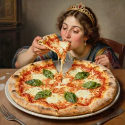 a highly detailed queen margherita ( savoy ) eating!!! a pizza! margherita, full body, detailed painting by arturo faldi, trending on deviantart, octane, masterpiece