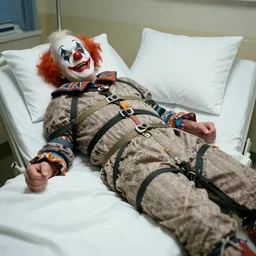 insane elderly clown supine in hospital bed, strapped into bed with restraints, trying to get out but unsuccessful, photograph, 8 k