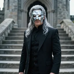 cinematic movie, background is castle and steps, with a man wearing a silver melt mask, silver wavy long hair, black suit, 4 k