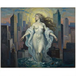 ocean spirit lost in a metropolis. this rococo painting by the award - winning artist has dramatic lighting, an interesting color scheme and intricate details.