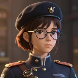 woman, fireemblem, uniform, beret, glasses, studio ghibli, artgerm, greg rutkowski, magali villeneuve, 3 d, portrait, headshot, fantasy, extremelydetailed, costumedesign, artstation
