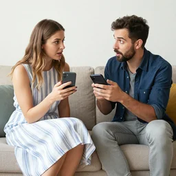 a woman in a white and blue striped dress and a hipster argue about iphones on a sofa
