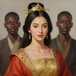 portrait painting of a stunning proud empress, artstation, mymodernmet, by brad kunkle, by amir ershadi, by ben enwonwu, by alphonse mucha, by sangsoo jeong, by soey milk, gold foil aureola, black dress of iridescent feathers, divine, saint, mixed media