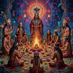 a tribe, shamans, warriors, healing ceremony, occult, ritual, intricate details, psychedelic, hallucination, hyper detailed, colorful, powerful