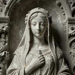 a cinematic view of an highly ornated intricate macabre impressionist sacred statue of veiled girl made in light concrete, with few ornaments in shiny polished graphite, sculpted by hedi xandt and antonio corradini
