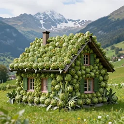 house covered entirely of artichokes. artichoke on the roof. artichoke everywhere. beautiful switzerland landscape in the background