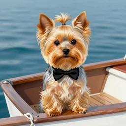 a Yorkshire terrier on a boat wearing a black bow tie, extremely detailed masterpiece, illustration, by Michael Sowa,