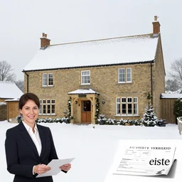 an estate agent listing photo, external view of a 5 bedroom detached countryside house in the UK, Christmas decorations are up, Snow everywhere