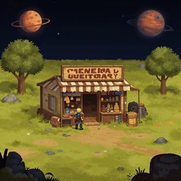 in front of a general store, in a remote outpost, on an alien planet, from a space themed point and click 2 d graphic adventure game, set design inspired slightly by hg giger and tomb raider, art inspired by william alexander