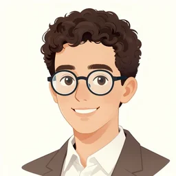 jewish young man with glasses, dark short curly hair smiling, illustration in the style of chris van allsburg
