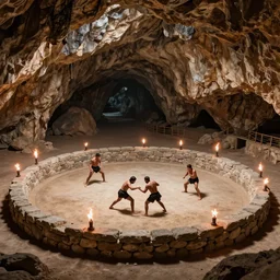 a fighting stone-arena, inside a cave, with torches surrounding the area area, natural geography photography