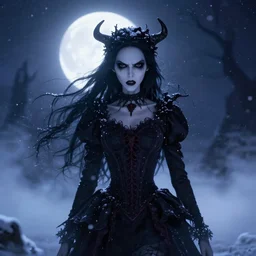 full shot of angry darkness beautiful anime girl at moonlight, snowing, gothic wearing, inspired by Tim Burton, detailed, unreal engine 4k volumetric light, fog,