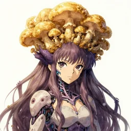 portrait of a biomechanical fungi princess, tremella - fuciformis crown!!!!, fungi, mushrooms, golden - scruffy - collybia crown, laccaria - amethystina hair, gapmoe yandere grimdark, trending on pixiv fanbox, painted by makoto shinkai takashi takeuchi studio ghibli, akihiko yoshida, yo
