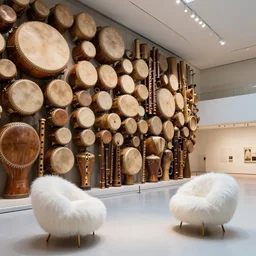 an art museum whose architecture is inspired by drum and flute instrument pieces, modern furniture with white hairy modern chair raytracing ar 1 6 : 9