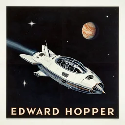 poster of a spaceship flying through the stars with a planet visible above, 1950s art deco, retrofuturism, edward hopper,