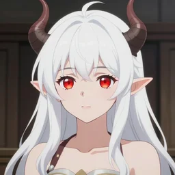 white hair, red eyes, two small horn on the head, anime style, anime girl,elf ears