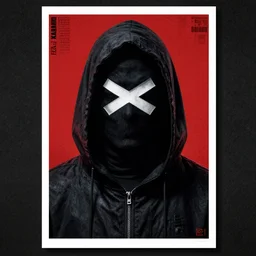 a person wearing a hood with an x on it, poster art by hedi xandt, cgsociety, sots art, behance hd, grotesque, poster art