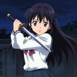 Anime Screenshot of a LITTLE WITCH ACADEMIA AKKO HOLDING A KATANA at night, strong blue rimlit, visual-key, Nighttime Moonlit, anime illustration BY STUDIO TRIGGER
