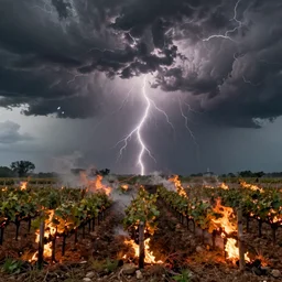 burning vineyards in a thunderstorm, art station, ghost in the sky, detailed