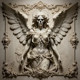 perfectly centered portrait front view of a angry dead rotten beautiful female angel growing ornamentation all around, ornate, detailed, symmetrical, elegant, beautifully soft lit, by wayne barlowe, peter mohrbacher, kelly mckernan