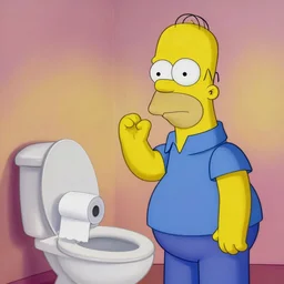 painting of homer simpson complaining to barney rubble about toilet paper, digital painting, cold hue's, warm tone gradient background