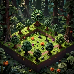 evil forest halloween themed isometric game level, with trees, toon shader, arnold maya render, artstation by miha rinne