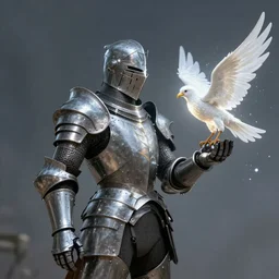 armored knight hold a luminance white bird on outstretched hand carefully, atmospheric, concept art