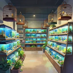 pleasing two - point - perspective anime background clean neat clarity professional visual development set design, tiny cozy store with many hanging bird cages and orderly shelves of bright fish aquariums, neat rows of sparse planted terrariums, dim painterly lighting volumetric aquatics, impasto, trending on pixiv