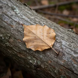 realistic photo of a leave nailed on a tree log in a forest