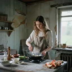 girl cooking in a crumbling house by taras susak