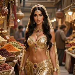 panoramic shot of film still of movie scene with a very beautiful alexis texas as an arabian princess at a spice market, shiny, fantasy, intricate, elegant, pornstar body, well proportioned, sensual lips, incredibly exotic eyes, hyper detailed, ultra definition, photoreal, artstation, unreal engine rendered, concept art, smooth, sharp focus, illustration, art by artgerm and greg rutkowski and alphonse mucha and garis edelweiss